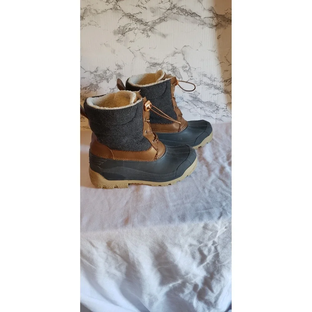 Jands Duck Boots. Womens 7.5  Navy And Brown. Fleece Lined. Waterproof